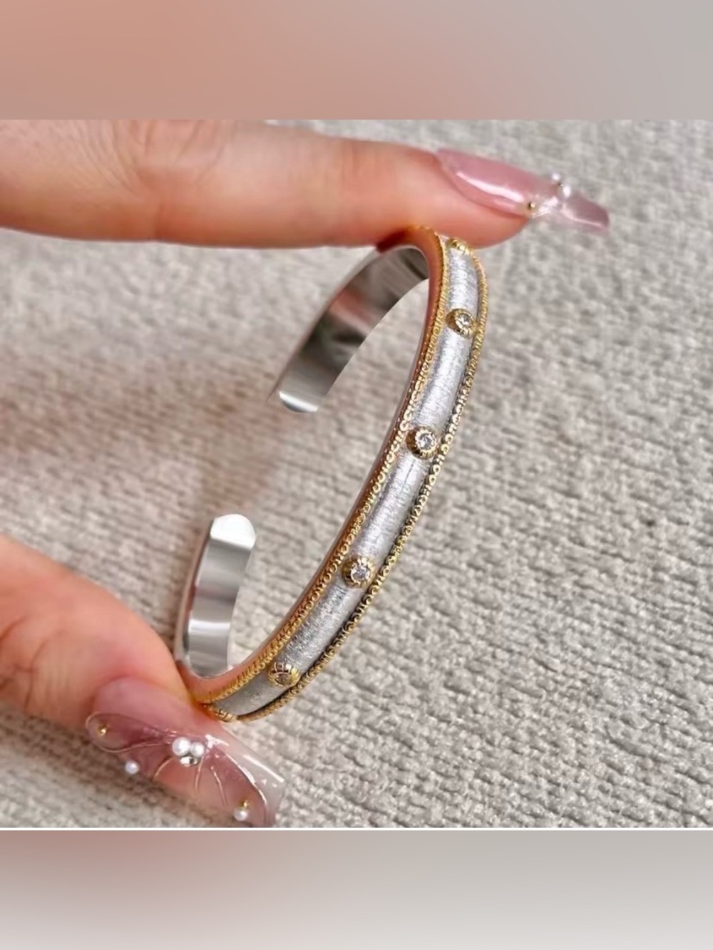 Bicolor Bangle Bracelet Brushed Solid 925 Sterling Silver